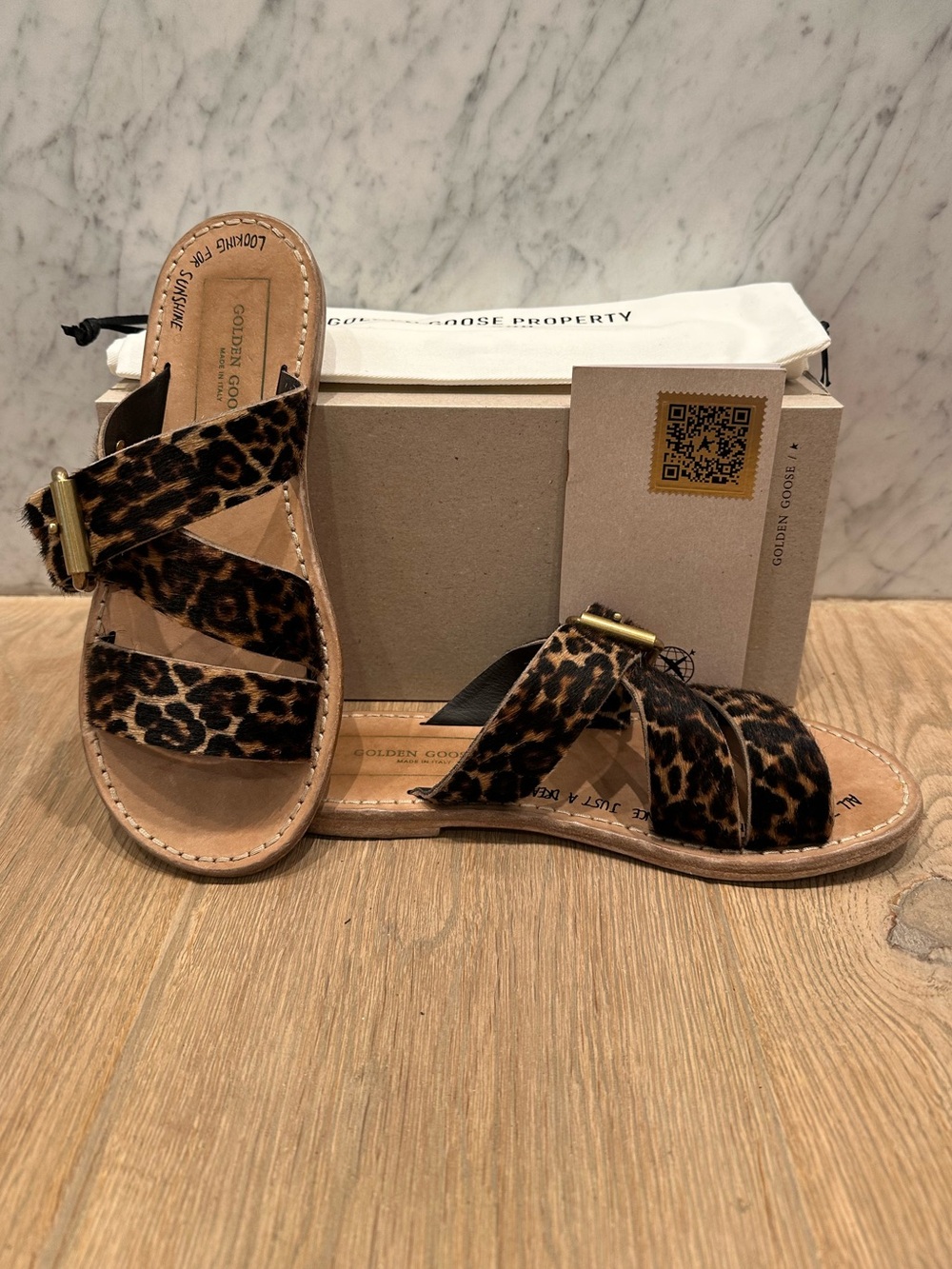 Golden Goose Margaret Leopard Horse Hair and Leather Sandals